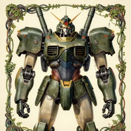 upper half portrait of army mecha robot - wires and vines as poster design borders, art by utagawa kunisada, highly detailed, digital painting, concept art, illustration, smooth sharp focus, intricate, symmetry, artstation, colourful,