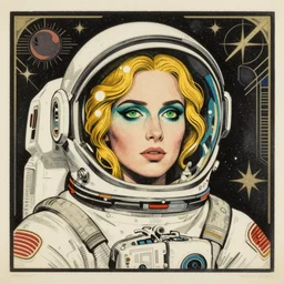 a aged drypoint print, the actress, eva green in space, art by coles phillips, eva green as a beautiful astronaut from the 2 5 th century, golden hair, teal makeup, green eyes, reflective visor, space agency decals, shiny helmet, mucha, kandinsky, art deco, dark deco, sputnik, space race, the future