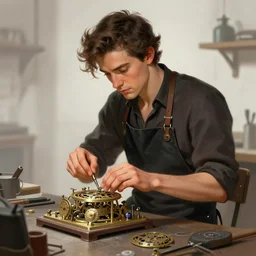 character concept portrait of focused Adam Brody as a Artificer crafting a clockwork mechanism, tinker workshop, blacksmith apron, elegant, digital painting, concept art, smooth, sharp focus, illustration, from Metal Gear, by Ruan Jia and Mandy Jurgens and William-Adolphe Bouguereau, Artgerm