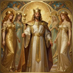 king solomon of israel with his 7 0 0 beautiful wives, photography of kurzgesagt, deep focus, d & d, fantasy, intricate, elegant, highly detailed, digital painting, artstation, concept art, matte, sharp focus, illustration, hearthstone, art by artgerm and greg rutkowski and alphonse mucha