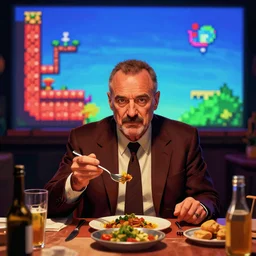 saul goodman eating dinner gameplay still frame, 4 colors, pixel art, retro, splash screen, level design, high contrast, background, deep focus, highly detailed, dramatic lighting, digital painting, artstation, concept art, matte, greg rutkowski, moebius, illustration.