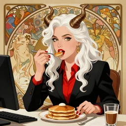 confident woman with long wavy white hair and horns eating pancakes at her office, wearing sharp black suit and red shirt, intricate illustration by krenz cushart, alphonse mucha, artgerm, trending on artstation