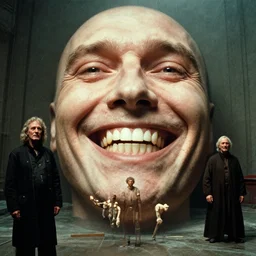 the largest smile in the world, film still from the movie directed by denis villeneuve and david cronenberg with art direction by h. r. giger and bernie wrightson, wide lens