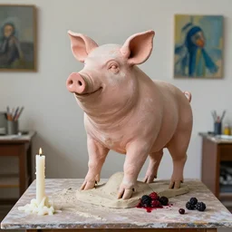 “ a portrait in a female art student ’ s apartment, sensual, a pig theme, pork, half - finished sculpture, sculpture work in progress, a candle dripping white wax, clay, squashed berries, berry juice drips, acrylic and spray paint and oilstick on canvas, surrealism, neoexpressionism ”