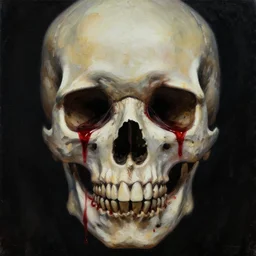 skull with blood coming out of its eyes on a black background, horror art, oil painting