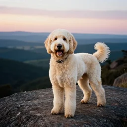 cinestill of a large blonde labradoodle in a breathtaking landscape