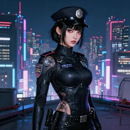 portrait black hair of futuristic female police, black armored uniform, tatoo, at rooftop futuristic colorpunk tokyo neon flash night, ssci - fi and fantasy, intricate and very very very beautiful, highly detailed, digital painting, artstation, concept art, smooth and sharp focus, illustration, art by tian zi and wlop and alphonse mucha, frostbite engine