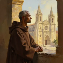 oil painting of a dominican monk in brown robes, looking out of a monastery window contemplatively, a majestic cathedral in the background, digital art, artstation, cinematic, golden hour, digital art painting by greg rutkowski