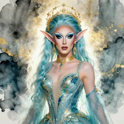 gorgeous ocean fae themed drag queen. backlighting, depth of field, 4 k, ink wash and gold leaf by award - winning portrait artist