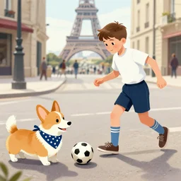 a french boy on the streets of paris playing football against a corgi, the dog is wearing a polka dot scarf, book illustration, 1 9 6 6