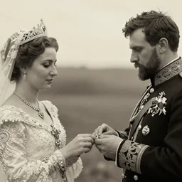 An extreme closeup shot, colored black and white Russian and Japanese mix historical fantasy photographic portrait of a Royal wedding of the empress and emperor exchanging the wedding rings, golden hour, warm lighting, 1907 photo from the official wedding photographer for the royal wedding.