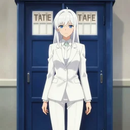 a beautiful girl with white hair, wearing white suit, standing inside the tardis, character art portrait, anime key visual, official media, illustrated by wlop, extremely detailed, 8 k, trending on artstation, cinematic lighting, beautiful