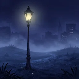 curved perspective epic illustration of night city with curly victorian street lamp in a foggy field hilly ground from tim burton nightmare before christmas