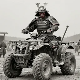 vertical movie frame with heavy  warrior riding ancient wooden atv with old style camera,  armor inspired by feudal japan and fashion, strong blooded body,  brutal blooded symmetrical face, epic,cinematic lighting, award winning, establishing shot, extremely high detail, photorealistic,  brutal, provocative , natural lighting, octane render ,old photo, vintage, black and white, sepia, old photography, documentary photography