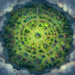 an intricate matte painting of top down wild flourescent complex wimmelbild top down bird's eye view illustration of village in the clouds rpg megadungeon map,very clear image, no blur, by Christophe Vacher and Bastien Lecouffe-Deharme, trending on artstation