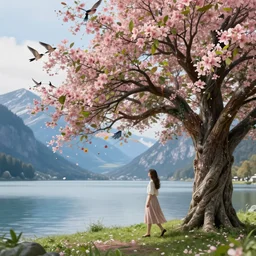 a beautiful awesome artistic tree and woman walks next to a tree, tree with falling flowers like leaves and many birds, all in the amazing outdoors view, mountain in the background, lake, long exposure, 8 k resolution, trending on artstation