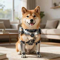 doge the shiba - inu as a metallic cyborg, in a sunny suburban living - room.