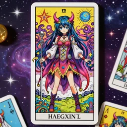 hatsune miki, intricate, amazing line work, cosmic, psychedelic, cheerful, colorful, tarot cards, the devil tarot card