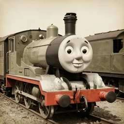 german world war two artillery train with thomas the tank engine's face, old worn photograph