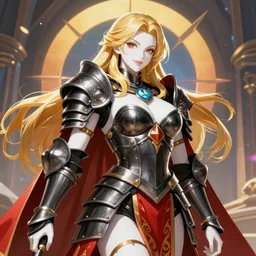 pinup poster of Reinhardt Overwatch by Sakimichan, porcelain white skin, imperial centurion in black plate armor and red tabard decorated with filigree, voluptuous male, long luxurious light blond hair, long fluffy blond hair, league of legends splash screen, hyper detailed background, 4K, artstation