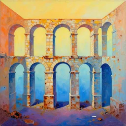 unfinished, colorful, gradient from warm to cold tone, acrylic canvas, 3 6 0 panorama ( 3 - point perspective ), escher style pattern of aqueduct and arches, texture of old rust and trash