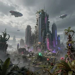 A realistic detailed photo of a strange neon city, alien plants, grey sky, futuristic buildings, flying ships in the background, foggy landscape, light particles, detailed light, realistic shaders, trending on artisation, detailed textures, detailed, realistic.