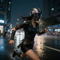 gopro pov of a woman warrior wearing intricate scifi helmet running motion blur, night, city, raining