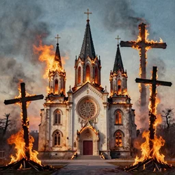 burning churches and crosses, surrealistic collage art