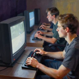 Men playing video games on CRT television using Atari joysticks. Painting by Robert Edward Hughes. Intricate details. hyper realism. Masterpiece.