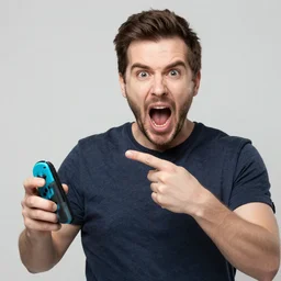 man pointing at nintendo switch, man screaming
