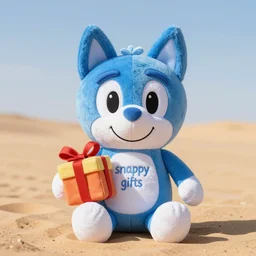 blue'snappy gifts'logo human - sized plush doll, looking at the camera, in the desert, holding gift, happy atmosphere, high detail, 8 k