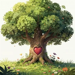 a beautiful digital illustration painting of a detailed fantasy tree with a heart carved in the trunk grass and flowers by michael cheval, 8 k resolution trending on artstation concept art digital illustration