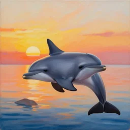 A dolphin at sunset Acrylic Painting, Matte finish, Volumetric Lighting, Detailed