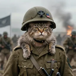 a female sodier with a head of a british longhair cat in the war, epic scene, by greg rutkowski