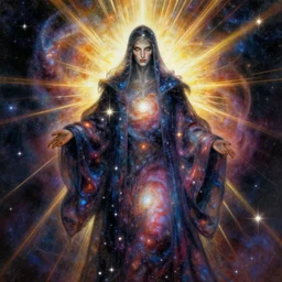 wizard wearing flowing robes made of galaxies, full body, highly detailed face, detailed eyes, ultra dramatic lighting, bright radial arcs of light, radiant stars, intricate, hyper detailed, masterpiece, beautiful painting by ruan jia, artgerm, alphonse mucha, frank frazetta