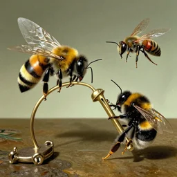 a bee, a bumblebee and a hornet playing music together, by Salvador Dali