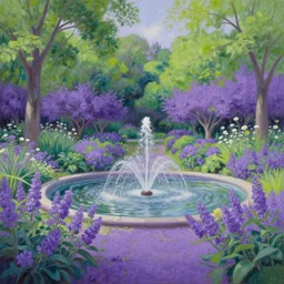 tranquil painting of purple garden with green trees and a water fountain in the middle of garden, detailed, 8k, mesmerizing, low saturation, high resolution