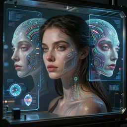 beauty woman with detailed faces, in holograms of alien artifacts, electrical case display, total recall tech, , ultrarealistic, dramatic lighting, electrical details, high details, 4k, 8k, best, accurate, trending on artstation, artstation, photorealism, ultrarealistic, digital painting, style of Peter Mohrbacher, Caravaggio, Boris Vallejo