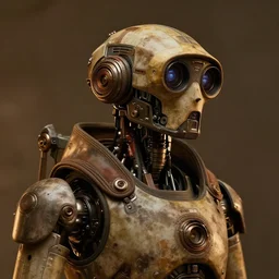 a rugged research engineer droid with cybernetic enhancements, detailed optics mask, scifi character portrait by greg rutkowski, esuthio, craig mullins, 1 / 4 headshot, cinematic lighting, dystopian scifi gear, gloomy, profile picture, mechanical, half robot, implants, steampunk, warm colors