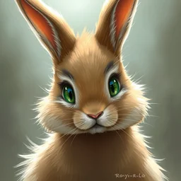 cute anthropomorphic bunny, green eyes, light brown fur, wlop, artgerm, royo