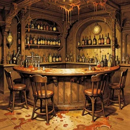 Fantasy Scene of a Empty tavern full of Spilled ooze, manga, highly detailed, beauty, art Thomas Kinkade, Artgerm, intricate, elegant, J. C. Leyendecker