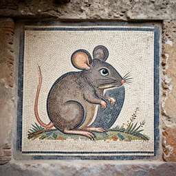 a beautiful, detailed roman mosaic ornamentation of a cute mouse, found in the ruins of pompeii