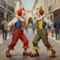 street fight between two clowns in the streets of lisbon / surreal scene, ultra realistic, oil painting, volumetric light, sharp high detail, dinamic, earth toned palette, concept art, very coherent, intrincate / art by ellen jewett, ashley wood, phil hale, norman rockwell, justin gerard