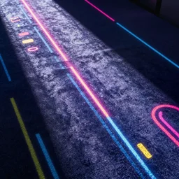 Carpet albedo texture with neon lines and colored shapes on it, arcade style, game texture