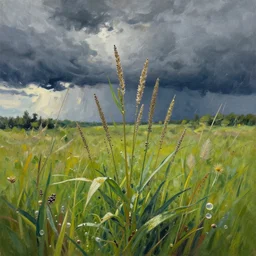 wild chia pet in the meadow, stormy skies. russian fairytale art, gouache, dynamic composition, backlighting