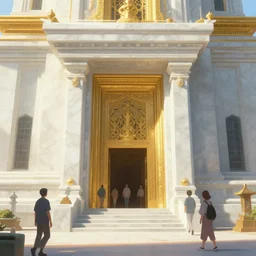 a temple made of white marble and gold, light coming from the entrance, people passing by, matte painting in the style of greg rutkowski and james gurney, trending on Artstation, digital art,