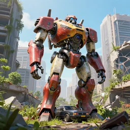 A giant robot standing on a car in city ruins overtaken by vegetation, post apocalyptic, cinematic, hyper realism, high detail, octane render, unreal engine, 8k, vibrant color, by craig mullins, syd mead