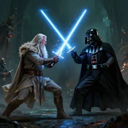 ! dream gandalf and darth vader battling with magic and light sabers, greg rutkowski, esuthio, craig mullins, cinematic lighting, gloomy
