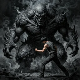a painting of a giant smoke monster fighting a young man, dark colors, sinister atmosphere, dramatic lighting, cinematic, establishing shot, extremely high detail, photo realistic, cinematic lighting, pen and ink, intricate line drawings, by Yoshitaka Amano, Ruan Jia, Kentaro Miura, Artgerm, post processed, concept art, artstation, matte painting, style by eddie mendoza, raphael lacoste, alex ross,