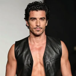 photo of fabio lanzoni with black hair and a five o clock shadow wearing a black black leather vest vest, shirtless